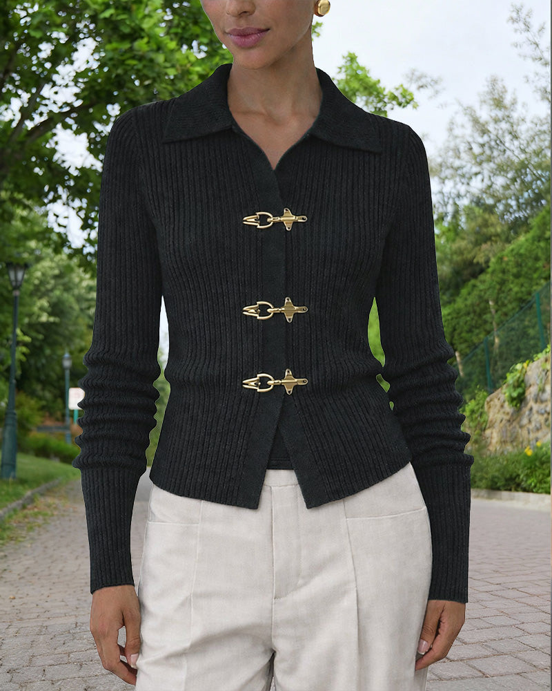 Women's Ribbed Knit Cardigan with Metal Clasp Fastenings and Collared