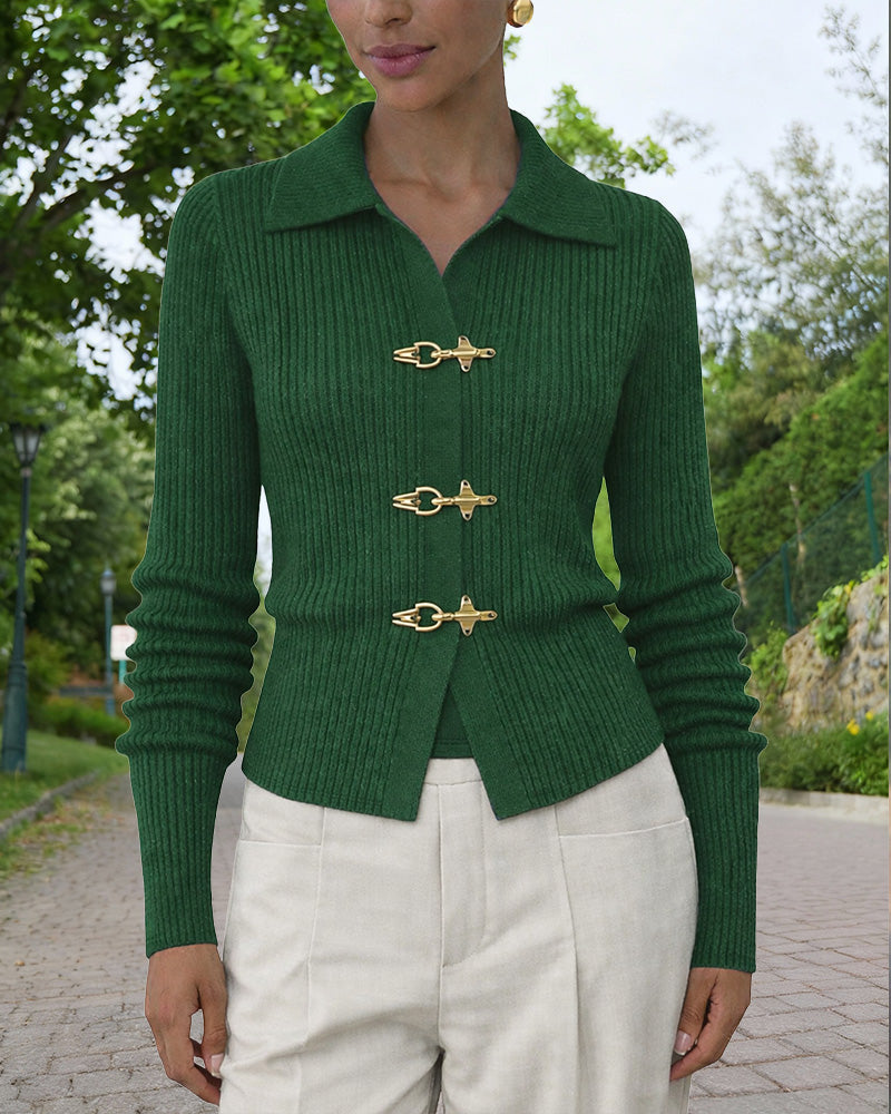 Women's Ribbed Knit Cardigan with Metal Clasp Fastenings and Collared