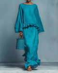 Women's linen-look Blend Ruffle Hem Blouse and Flowing Maxi Skirt Set