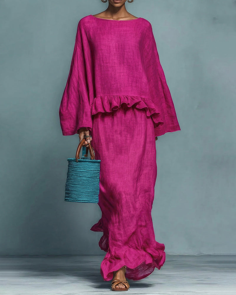 Women's linen-look Blend Ruffle Hem Blouse and Flowing Maxi Skirt Set