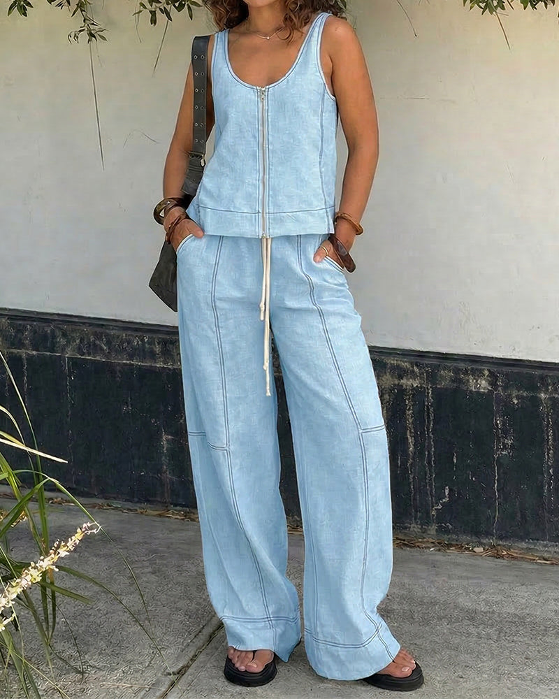 Women's Cotton Two-Piece Summer Set – Sleeveless Zip Front Top and Relaxed