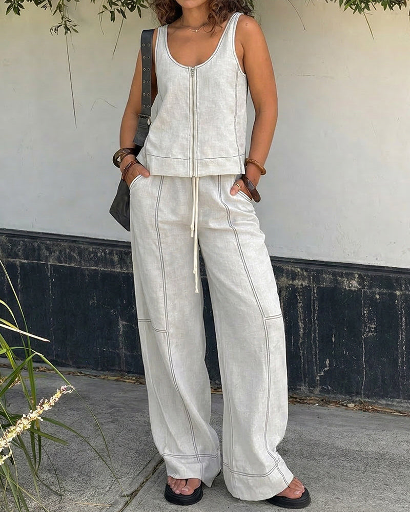 Women's Cotton Two-Piece Summer Set – Sleeveless Zip Front Top and Relaxed