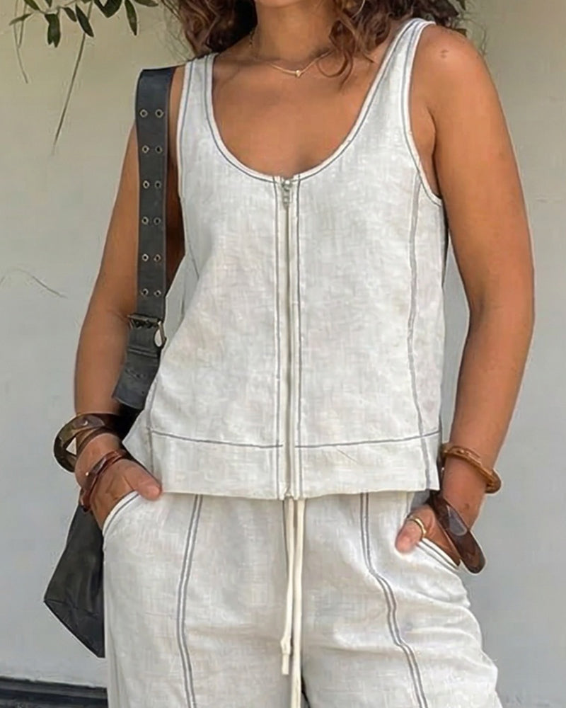 Women's Cotton Two-Piece Summer Set – Sleeveless Zip Front Top and Relaxed