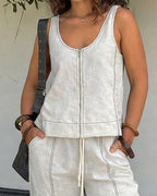 Women's Cotton Two-Piece Summer Set – Sleeveless Zip Front Top and Relaxed