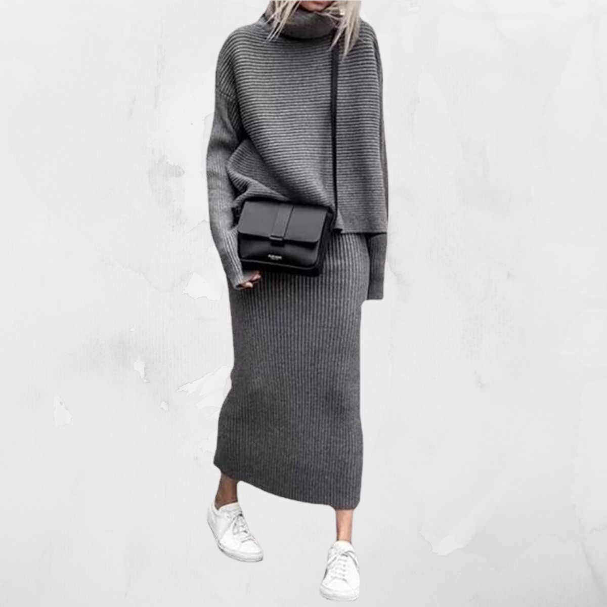 Women's Ribbed Roll-Neck Skirt Co-Ord – Relaxed Long-Sleeve Jumper