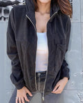 Women's Hooded Corduroy Zip-Up Jacket with Chest Pocket