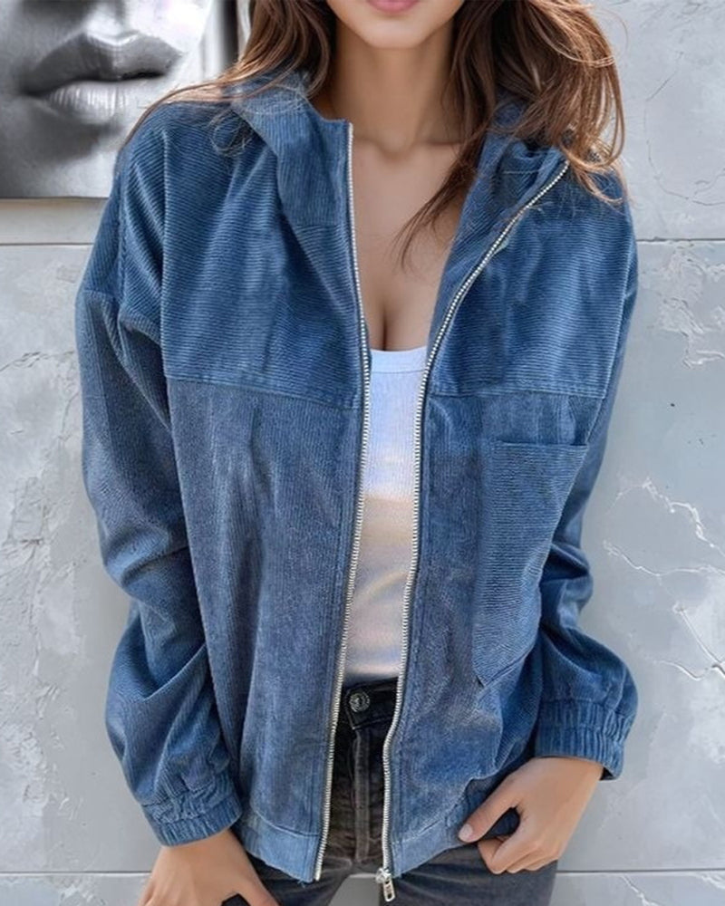 Women's Hooded Corduroy Zip-Up Jacket with Chest Pocket