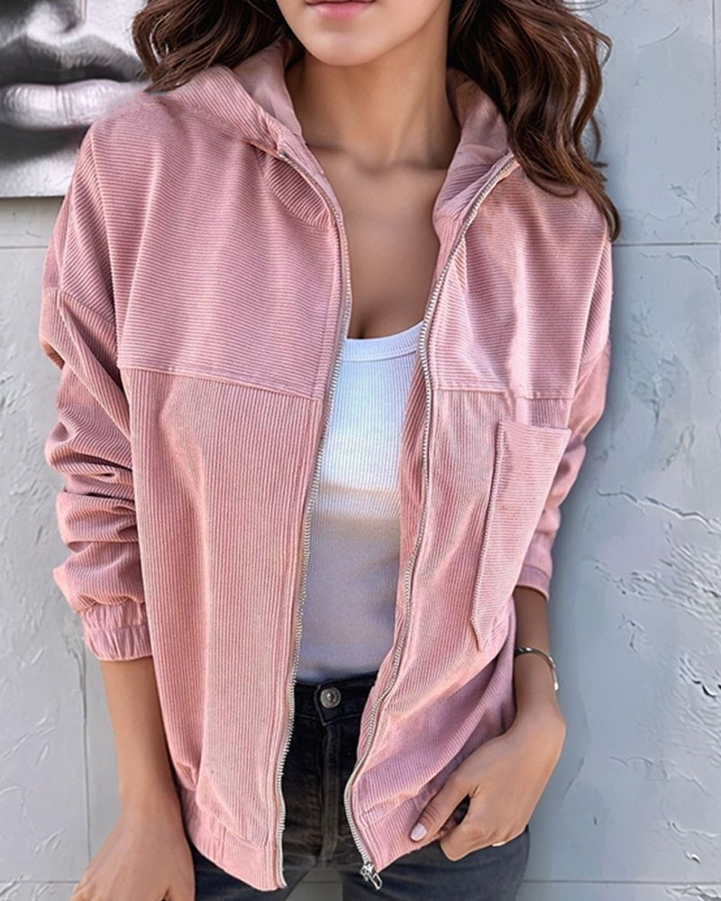 Women's Hooded Corduroy Zip-Up Jacket with Chest Pocket