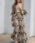 Women's Draped Off Shoulder Top and Printed Wide Leg Trouser Set