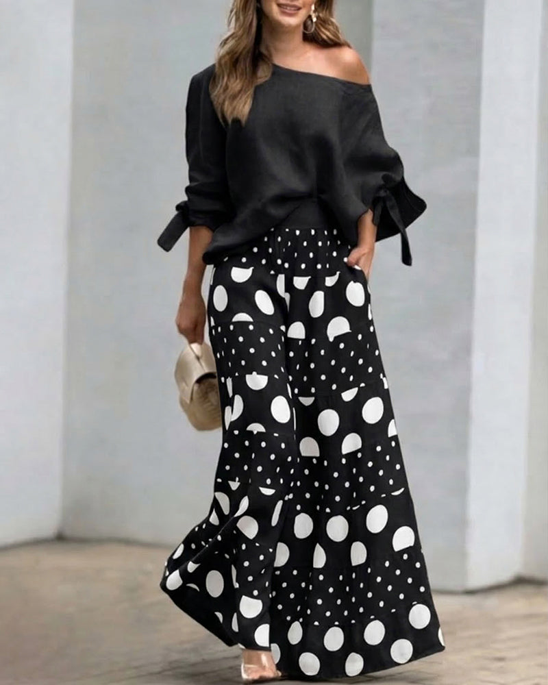 Women's Draped Off Shoulder Top and Printed Wide Leg Trouser Set