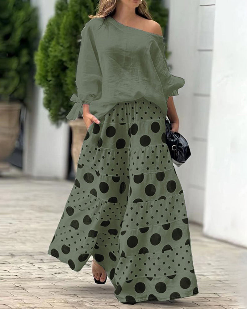 Women's Draped Off Shoulder Top and Printed Wide Leg Trouser Set