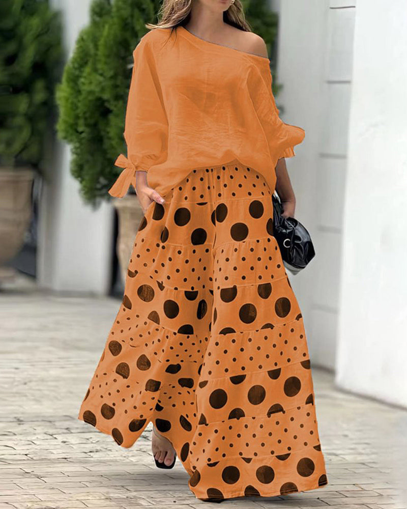 Women's Draped Off Shoulder Top and Printed Wide Leg Trouser Set