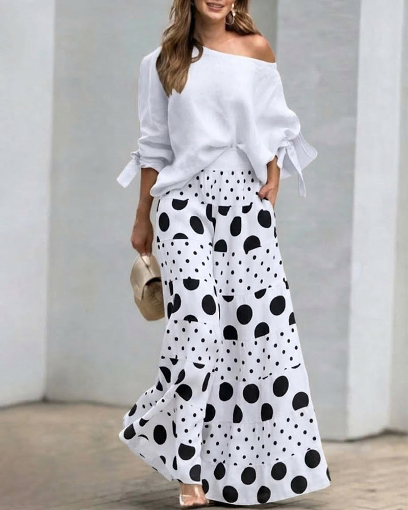 Women's Draped Off Shoulder Top and Printed Wide Leg Trouser Set