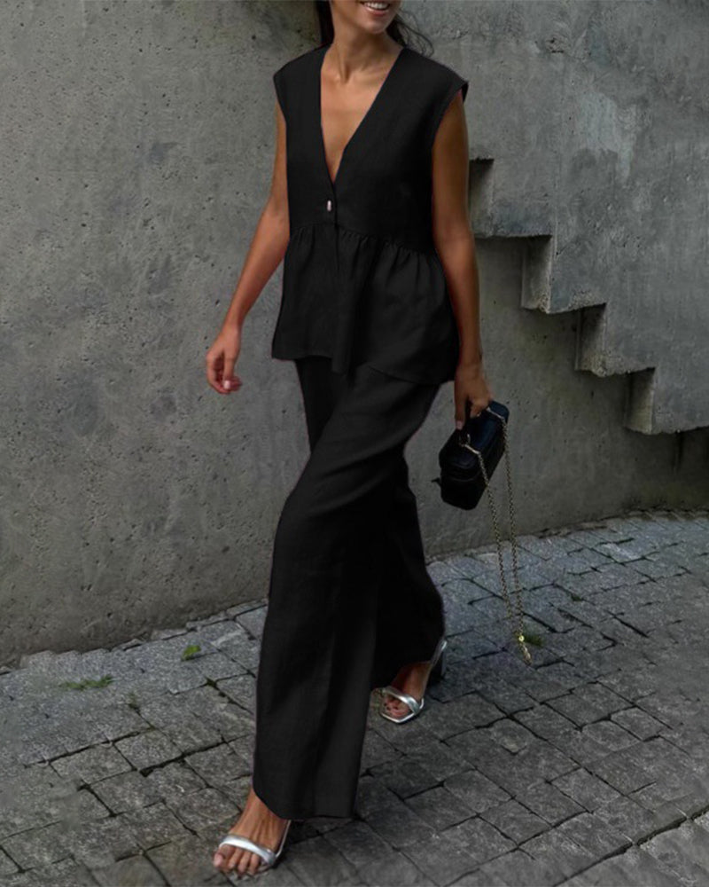 Women's Sleeveless Peplum V-Neck Top and Wide Leg Trouser Set
