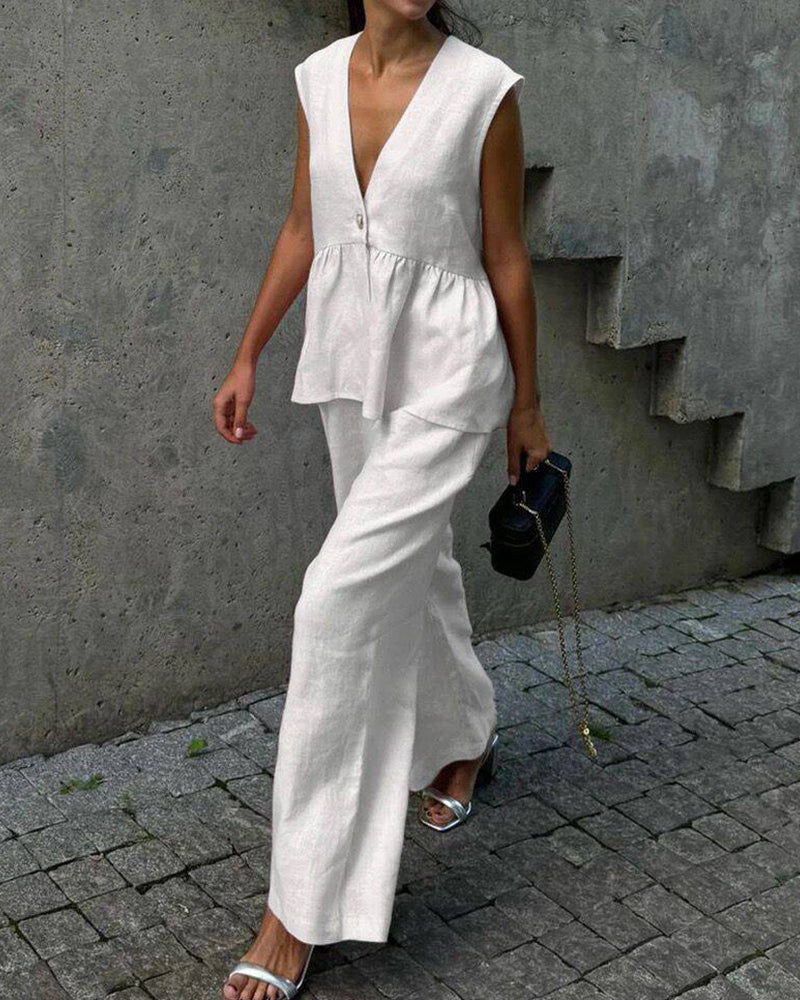 Women's Sleeveless Peplum V-Neck Top and Wide Leg Trouser Set