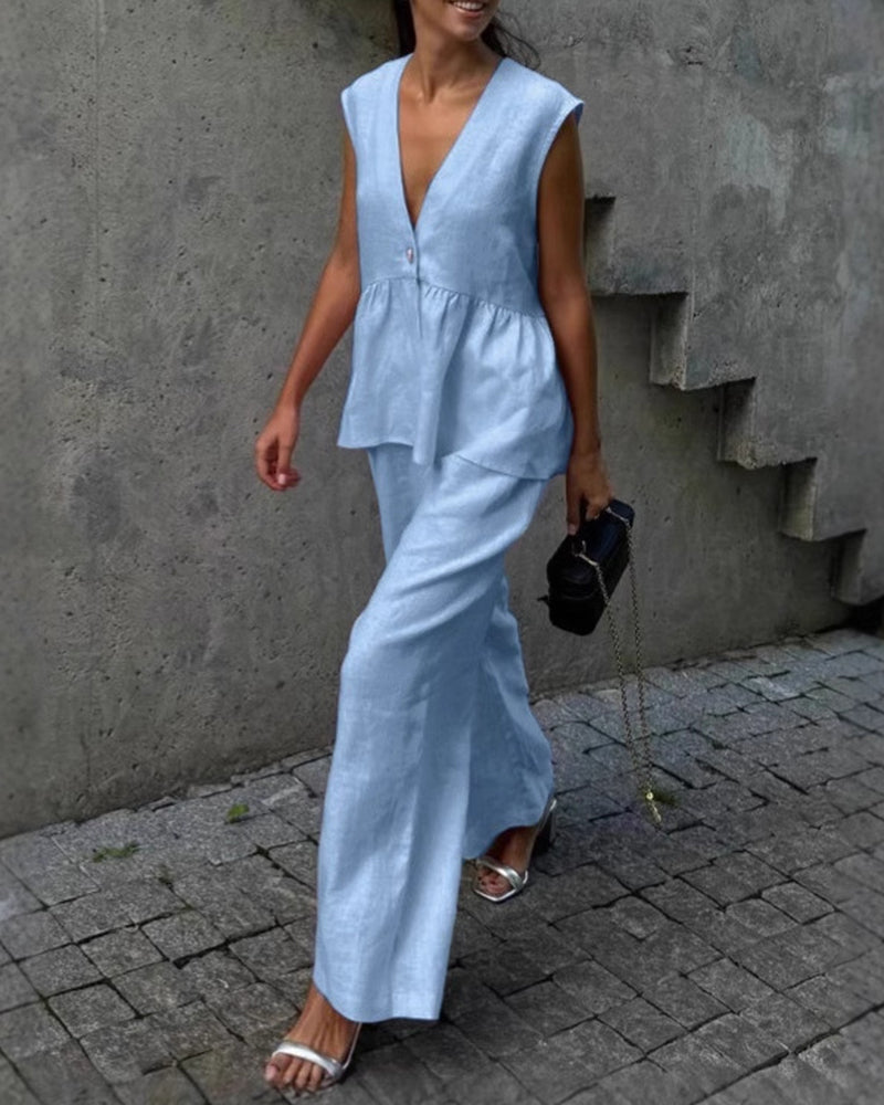 Women's Sleeveless Peplum V-Neck Top and Wide Leg Trouser Set