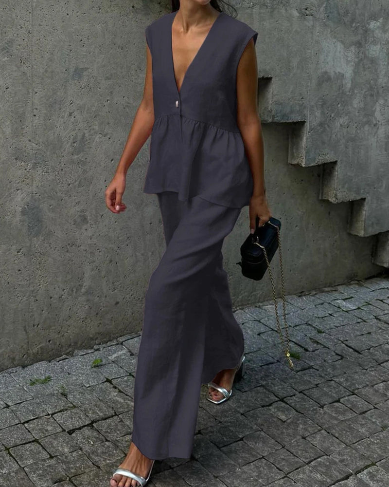 Women's Sleeveless Peplum V-Neck Top and Wide Leg Trouser Set