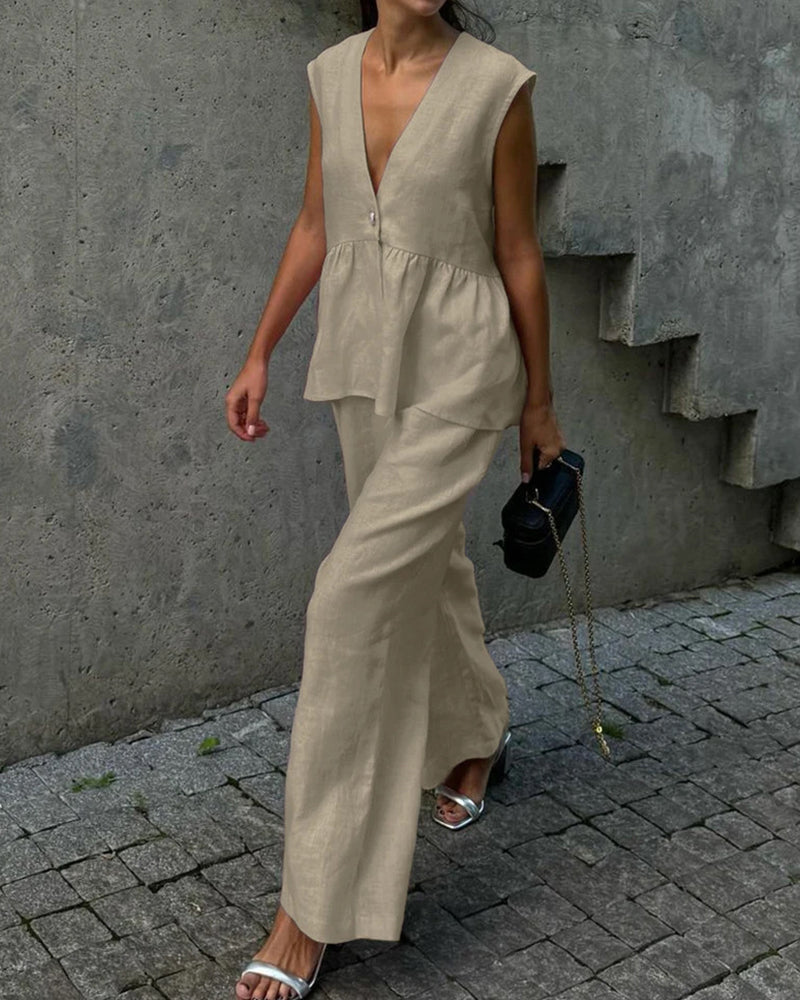 Women's Sleeveless Peplum V-Neck Top and Wide Leg Trouser Set