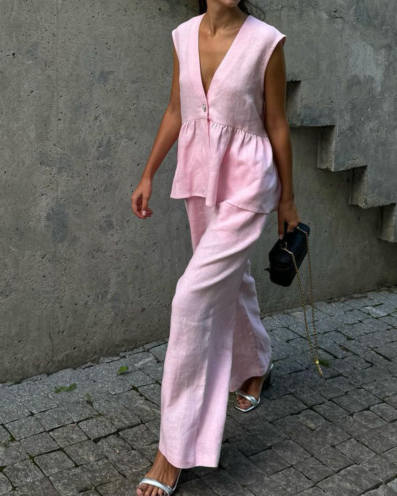 Women's Sleeveless Peplum V-Neck Top and Wide Leg Trouser Set