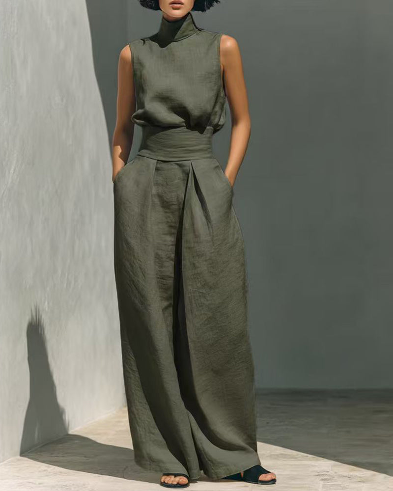 Women's Sleeveless High Neck Top and Wide Leg Trouser Set