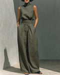 Women's Sleeveless High Neck Top and Wide Leg Trouser Set