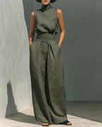 Women's Sleeveless High Neck Top and Wide Leg Trouser Set
