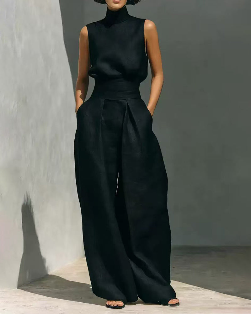 Women's Sleeveless High Neck Top and Wide Leg Trouser Set