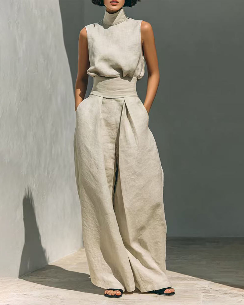 Women's Sleeveless High Neck Top and Wide Leg Trouser Set