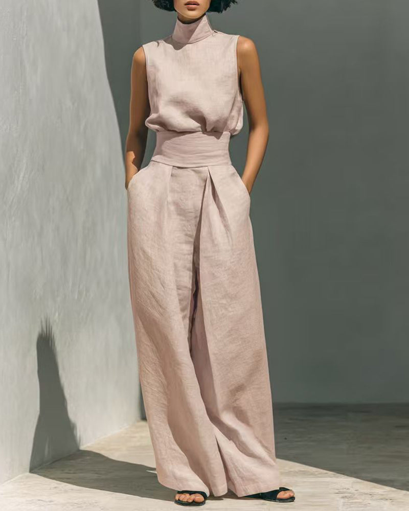 Women's Sleeveless High Neck Top and Wide Leg Trouser Set