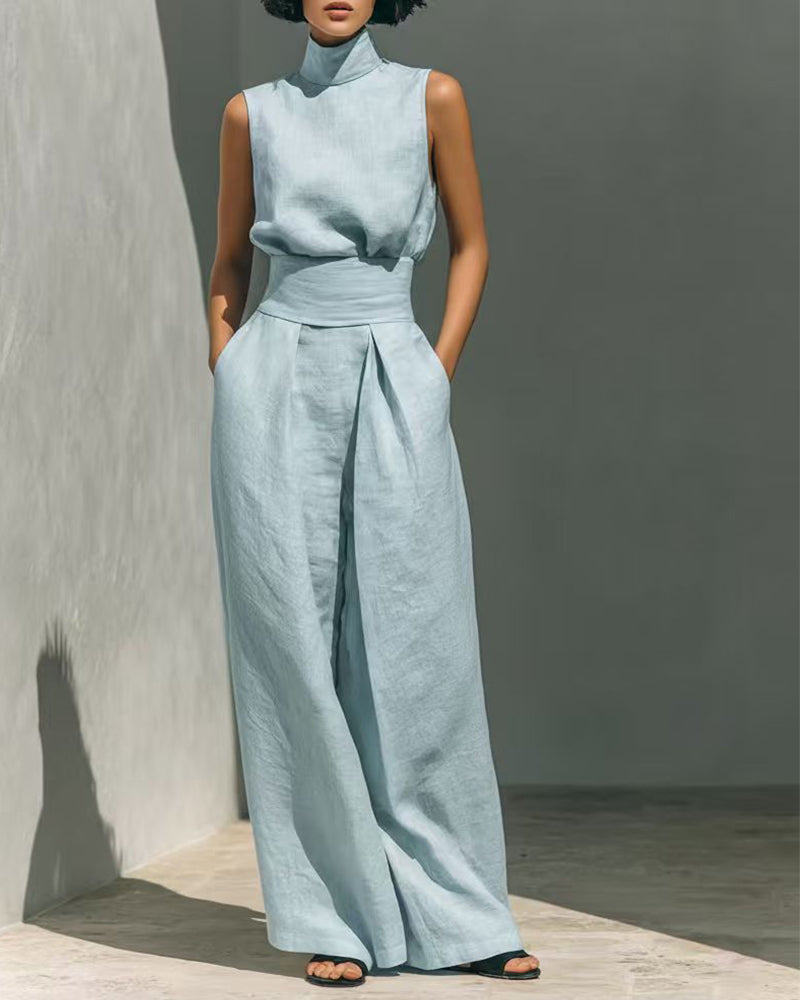 Women's Sleeveless High Neck Top and Wide Leg Trouser Set