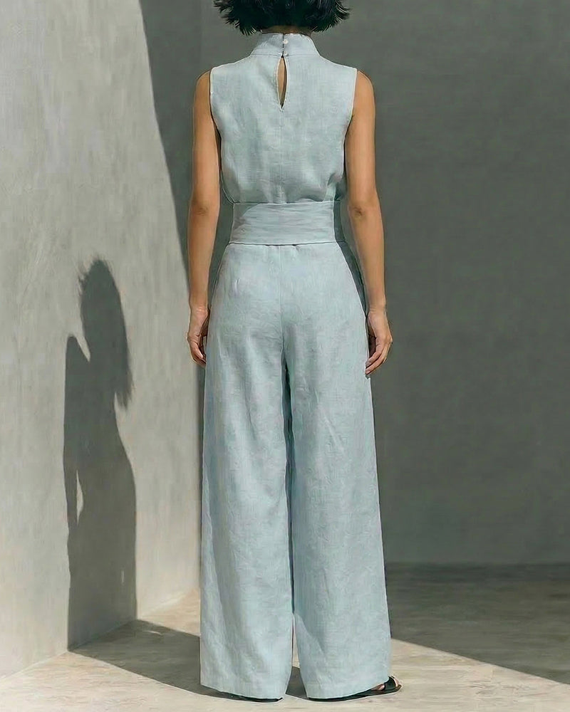 Women's Sleeveless High Neck Top and Wide Leg Trouser Set