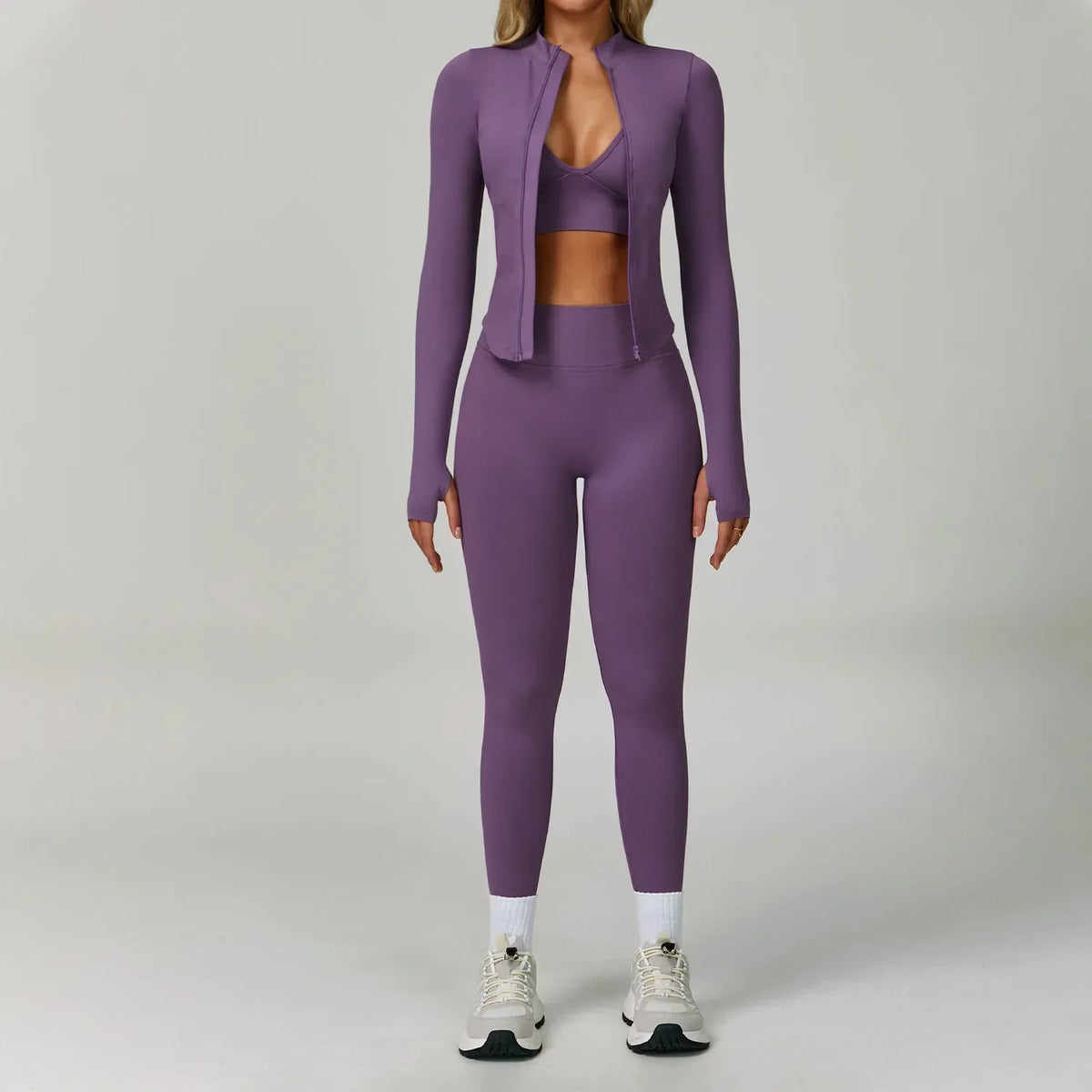 Women's Seamless Three-Piece Activewear Set with Zip-Up Jacket and High