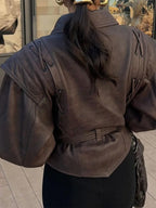 Women's Belted leather-look Jacket with Wrap Front and Structured Shoulders
