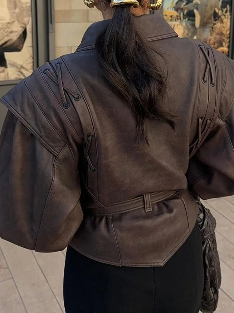 Women's Belted leather-look Jacket with Wrap Front and Structured Shoulders