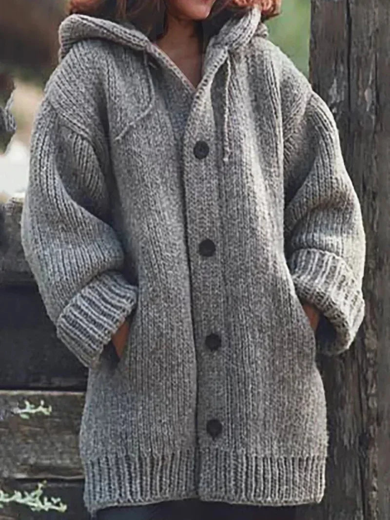 Women's Chunky Knit Hooded Cardigan with Oversized Collar and Large Button