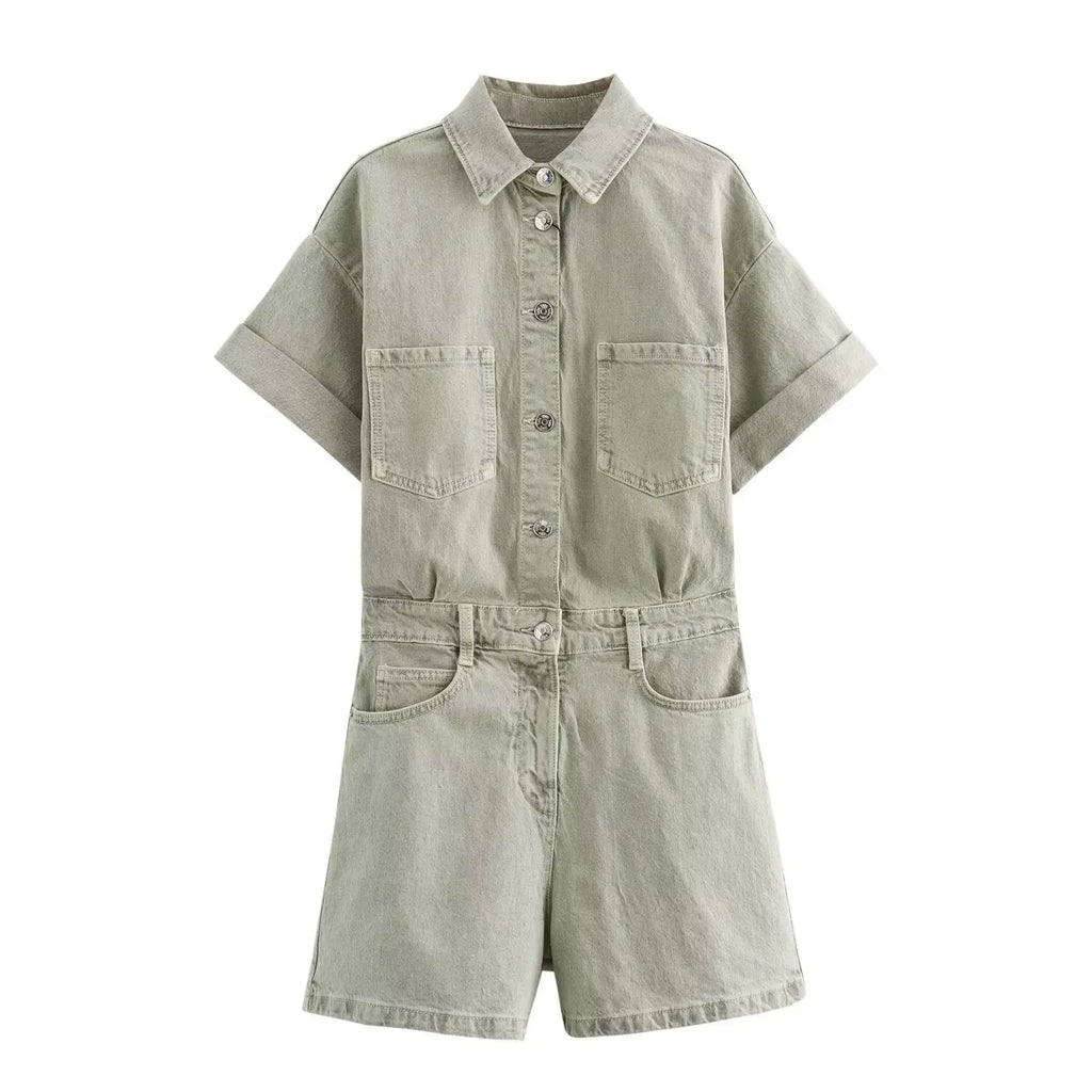 Denim Utility Playsuit with Chest Pockets – Women's Short Boilersuit