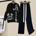 Women's Graphic Sweatshirt and Wide-Leg Trouser Set with Lace-Up Detailing