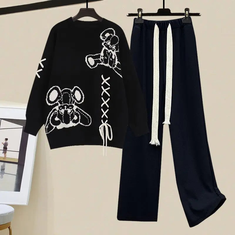 Women's Graphic Sweatshirt and Wide-Leg Trouser Set with Lace-Up Detailing