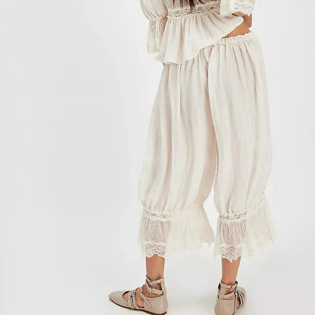 Lace-Patchwork Cropped Bloomers with Drawstring Waist