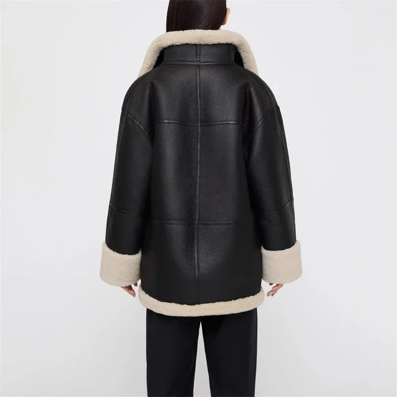 Women's Faux Leather Shearling-Style Winter Jacket with Oversized Collar