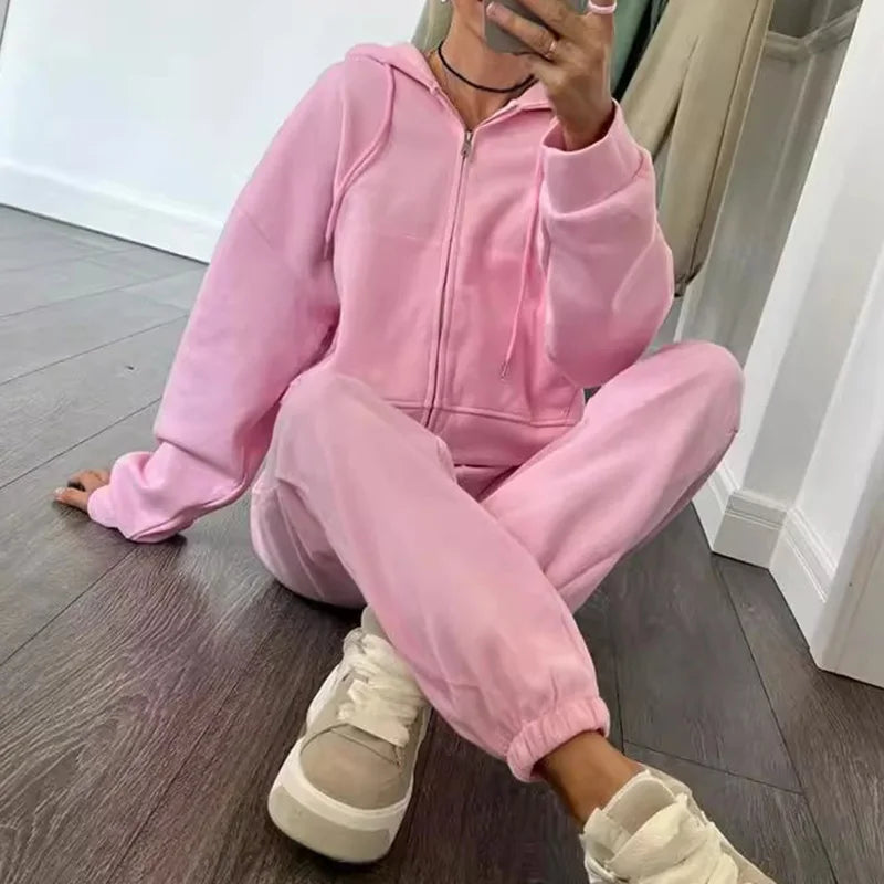 Women's Relaxed Zip-Up Hooded Tracksuit Set