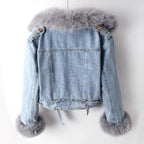 Women's Cropped Denim Biker Jacket with Plush Faux Fur Collar and Cuffs
