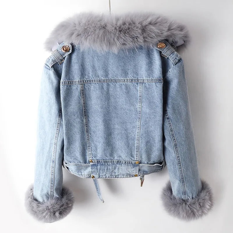 Women's Cropped Denim Biker Jacket with Plush Faux Fur Collar and Cuffs