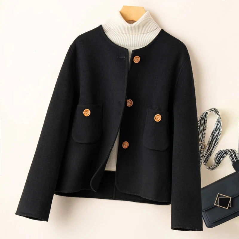 Women's Elegant Cropped Wool Blend Jacket with Round Neck and Button Front