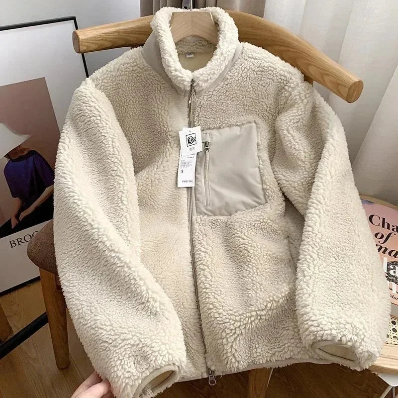 Teddy Coat with High Collar & Zip Pocket – Minimalist Warm Teddy Jacket