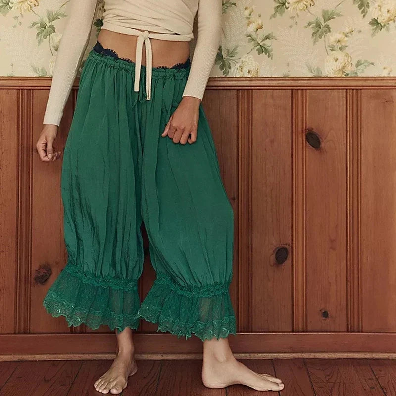 Lace-Patchwork Cropped Bloomers with Drawstring Waist