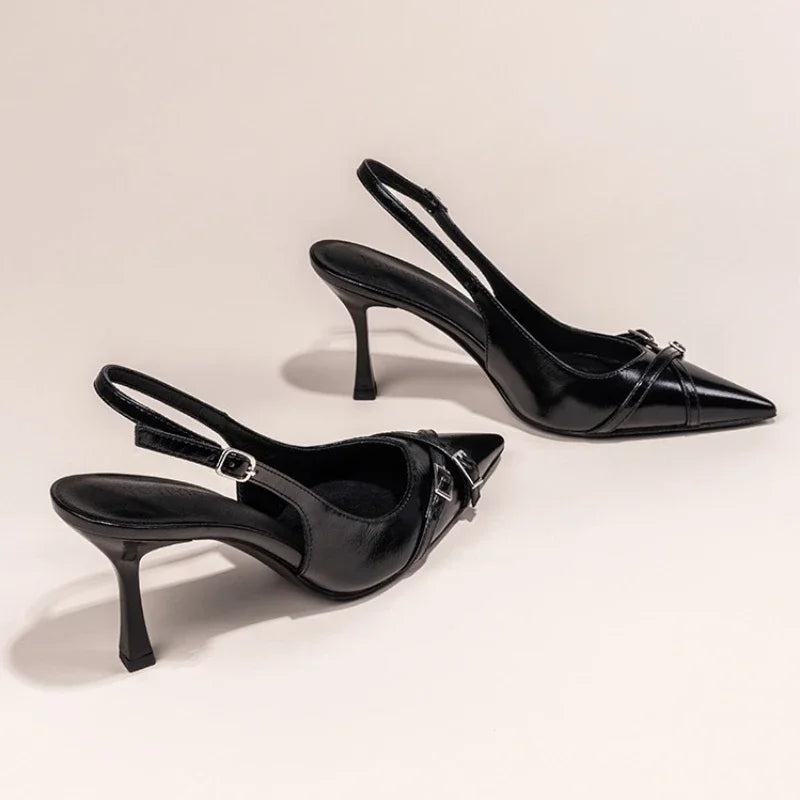 Black Pointed Stiletto Court Shoe – Buckle Strap Heel | Meave & Ivy
