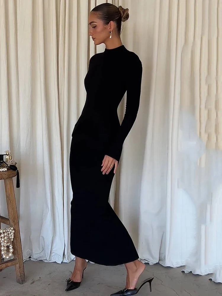 Black Bodycon Maxi Dress – Long Sleeve Evening Gown | Meave & Ivy