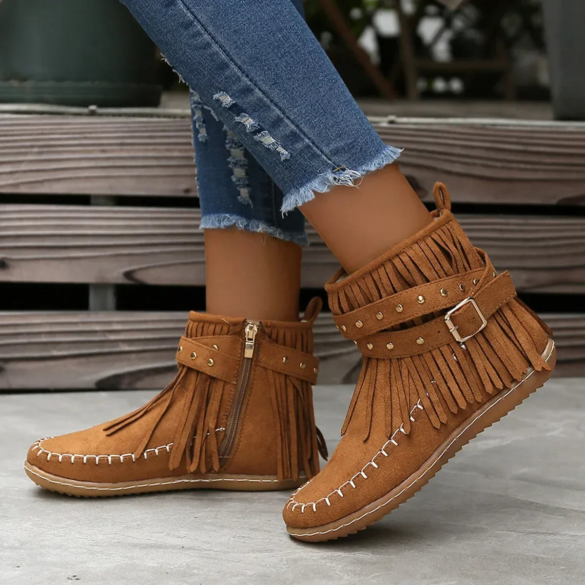 Suede Look Ankle Boots with Fringe & Studs – Western Boho Boots