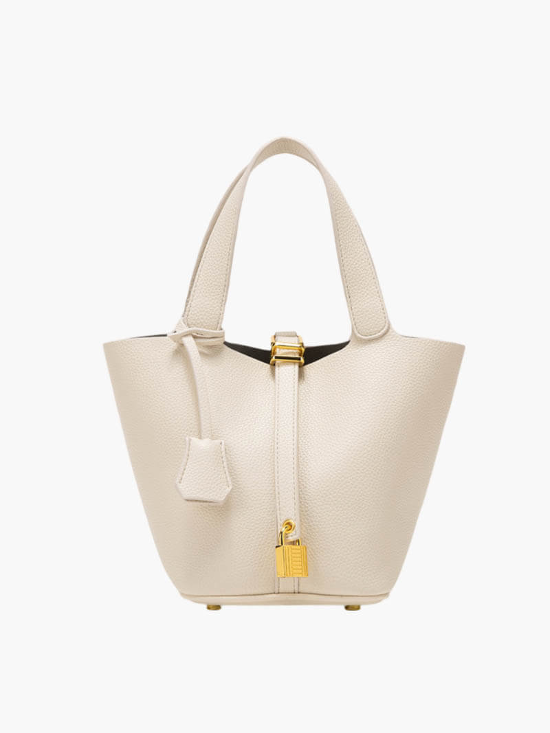 Vegan Leather Bucket Bag with Gold Lock – Structured Handbag